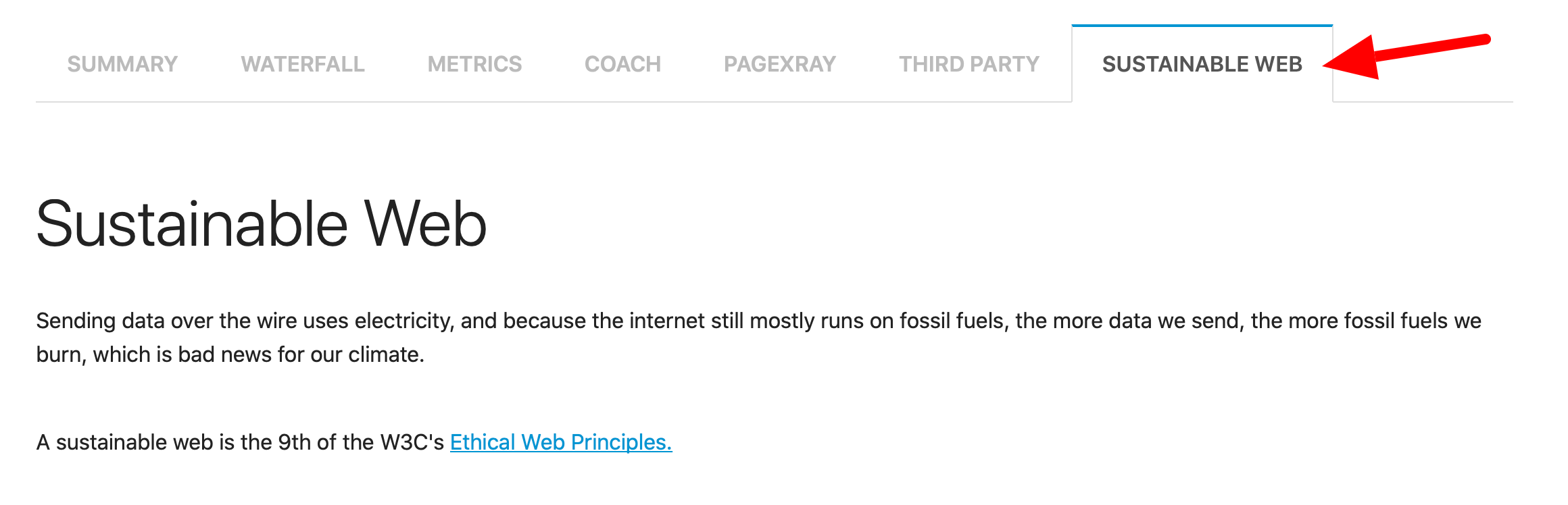 Screenshot of the sustainable web tab from a sitespeed report